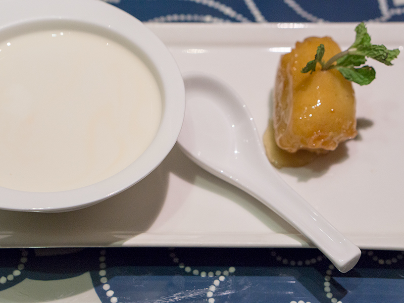 Chilled Mango Pudding with Vanilla Sauce and Caramelized Banana