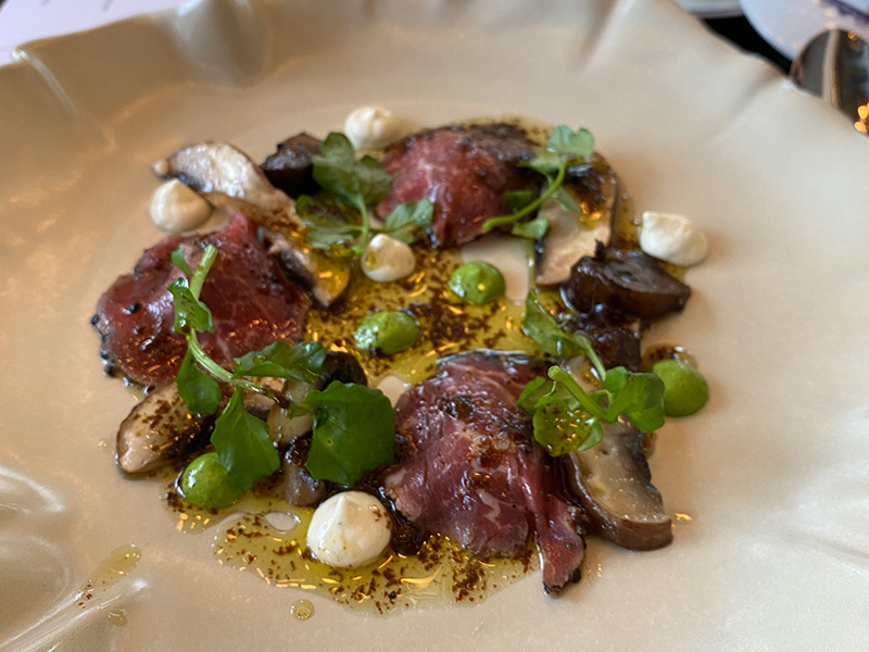 Seared & Peppered Beef Tenderloin Carpaccio, Horseradish, Pickled Portobello, Watercress