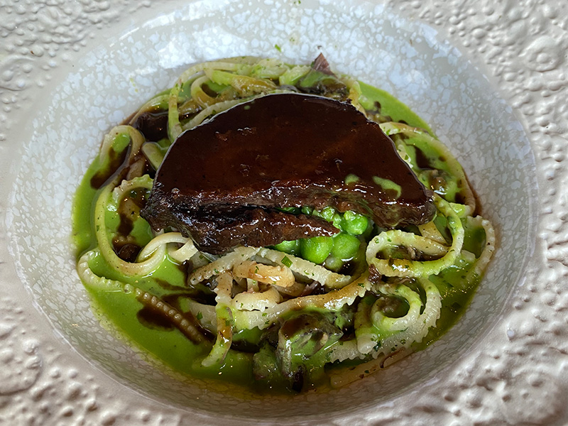 Braised Ox Cheek, Crushed Peas, and Linguine