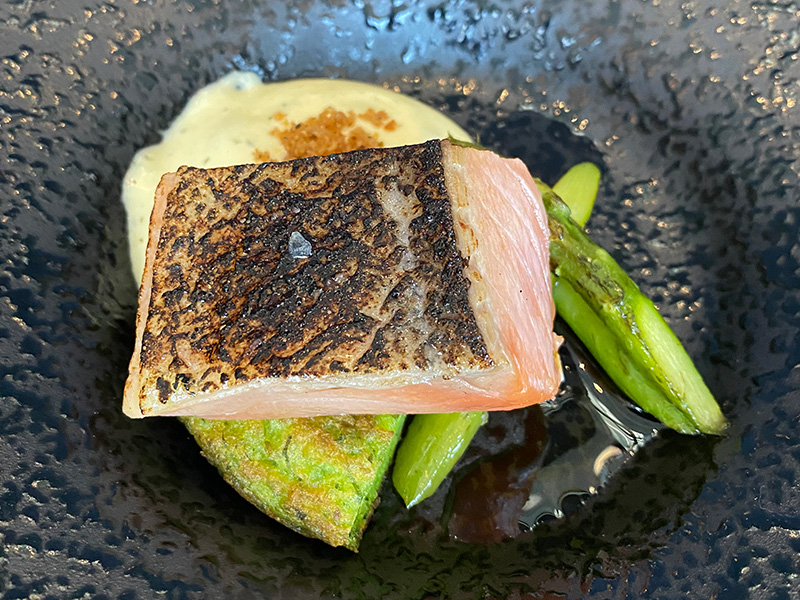 Salmon Confit, Asparagus, Herb Sabayon, and Herb Pancake